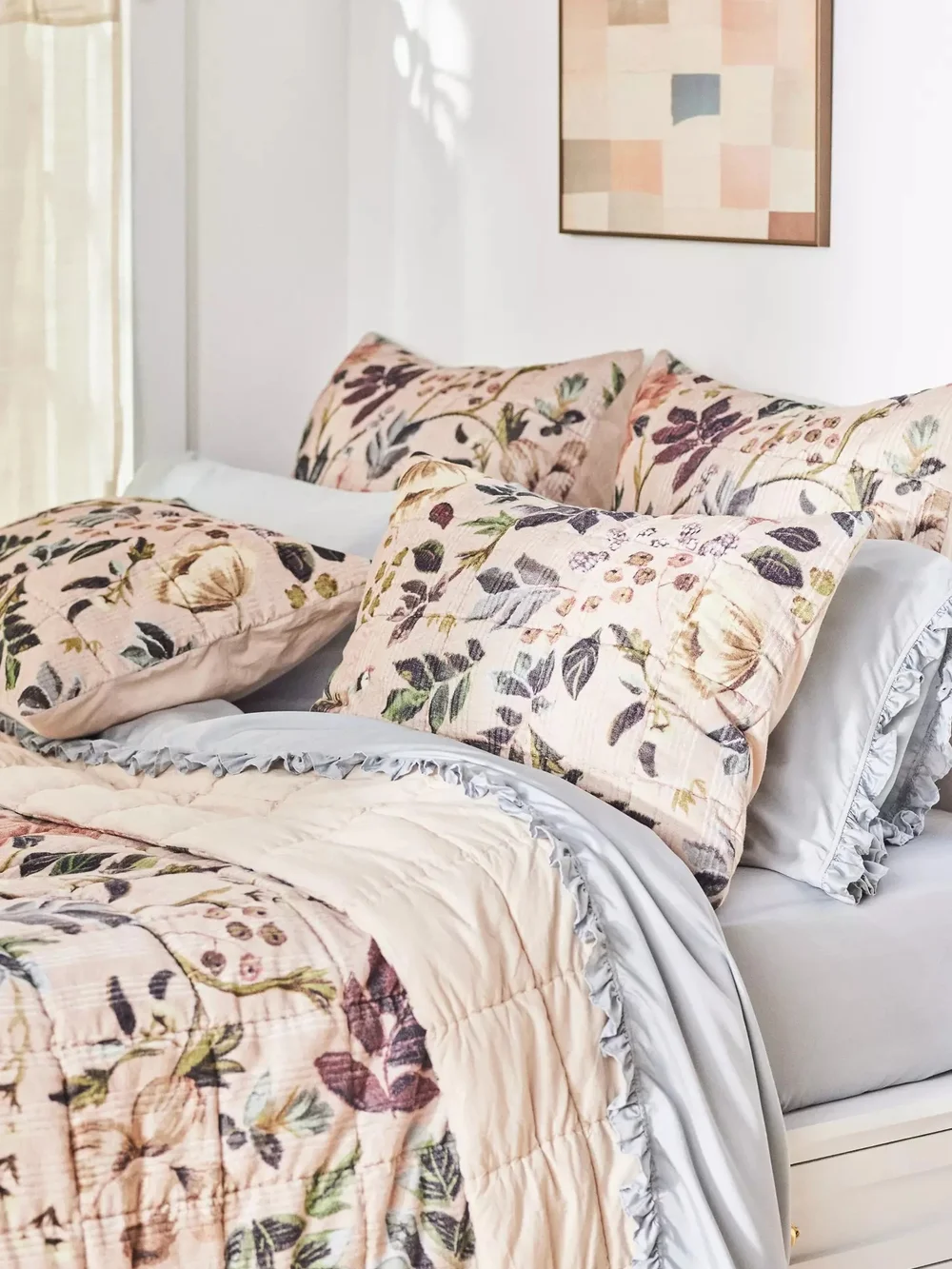 Anthropologie Blush Floral Reversible Quilt